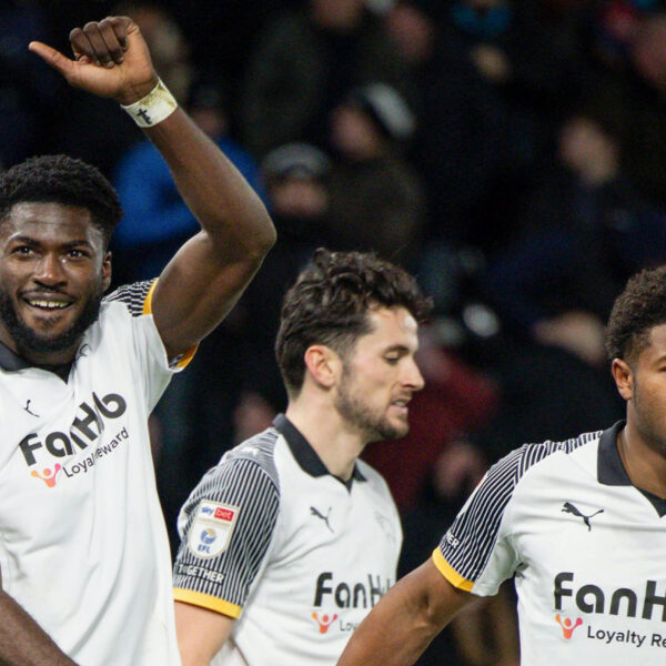 Derby County celebrates Patrick Agyemang's goal.