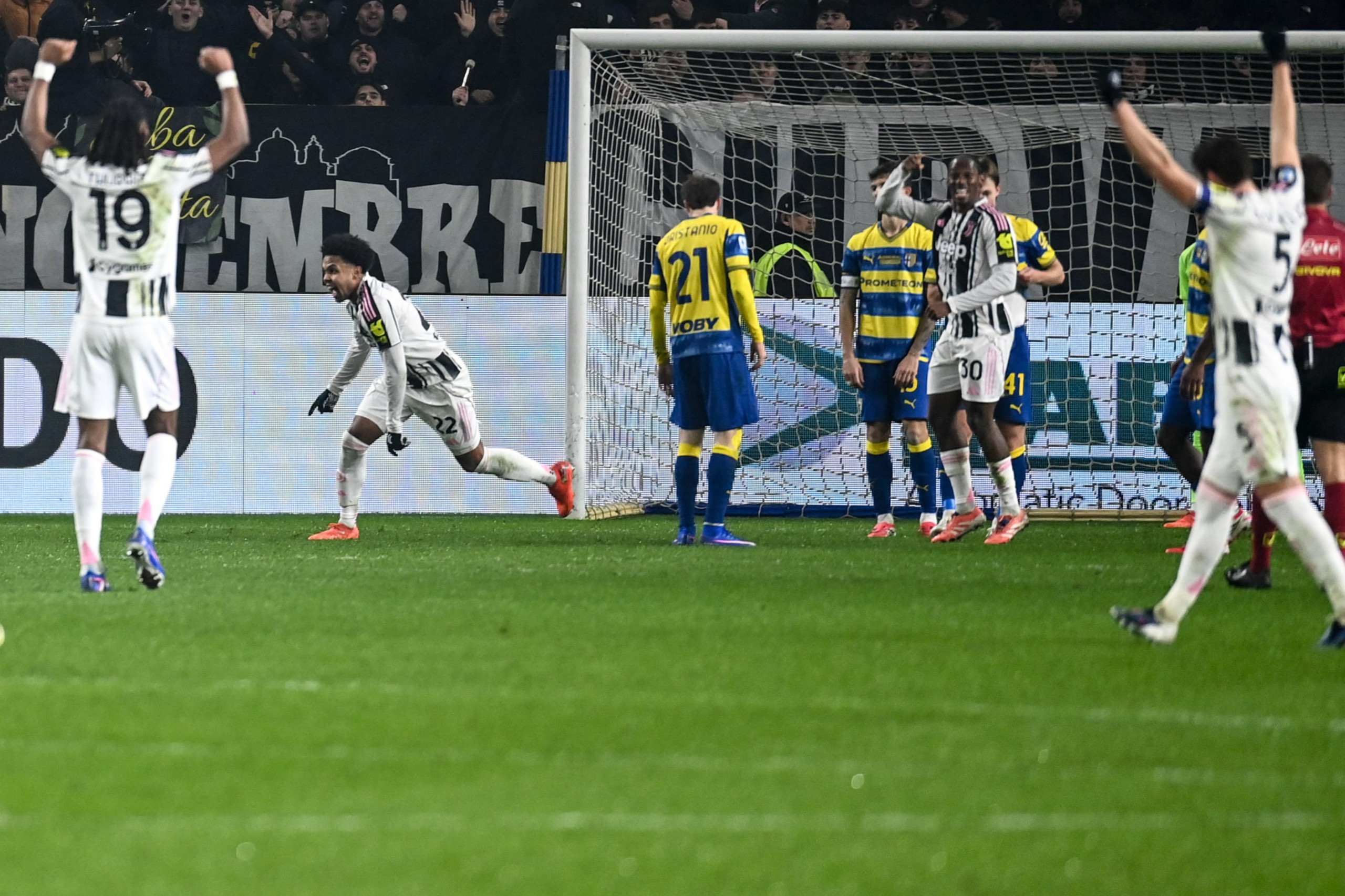 Weston McKennie celebrating a goal for Juventus at Parma.