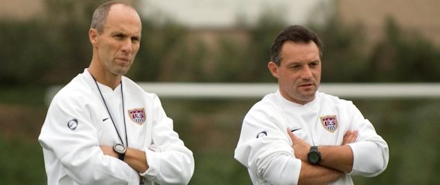 Former US National Team coach Bob Bradley and assistant coach Peter Nowak.  Credit: Trent Davol - ISIPhotos.com