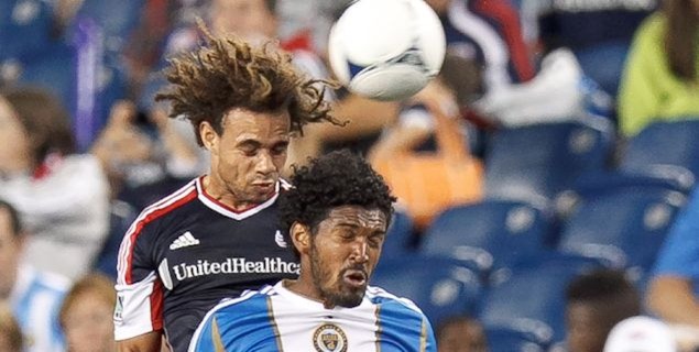 The Revs' Kevin Alston and the Union's Sheanon Williams on September 1st, 2012 at Gillette Stadium. The game ended scoreless. 