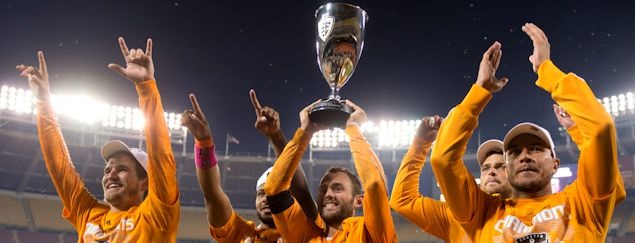 The Houston dynamo celebrate with their Eastern Conference trophy.  Credit: Brad Smith - ISIPhotos.com